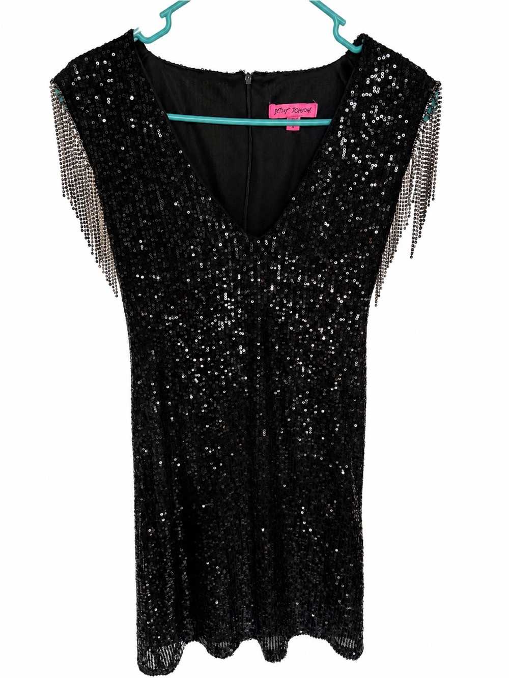 Betsey Johnson Black Sequin Mini Dress with Chain Fringe
